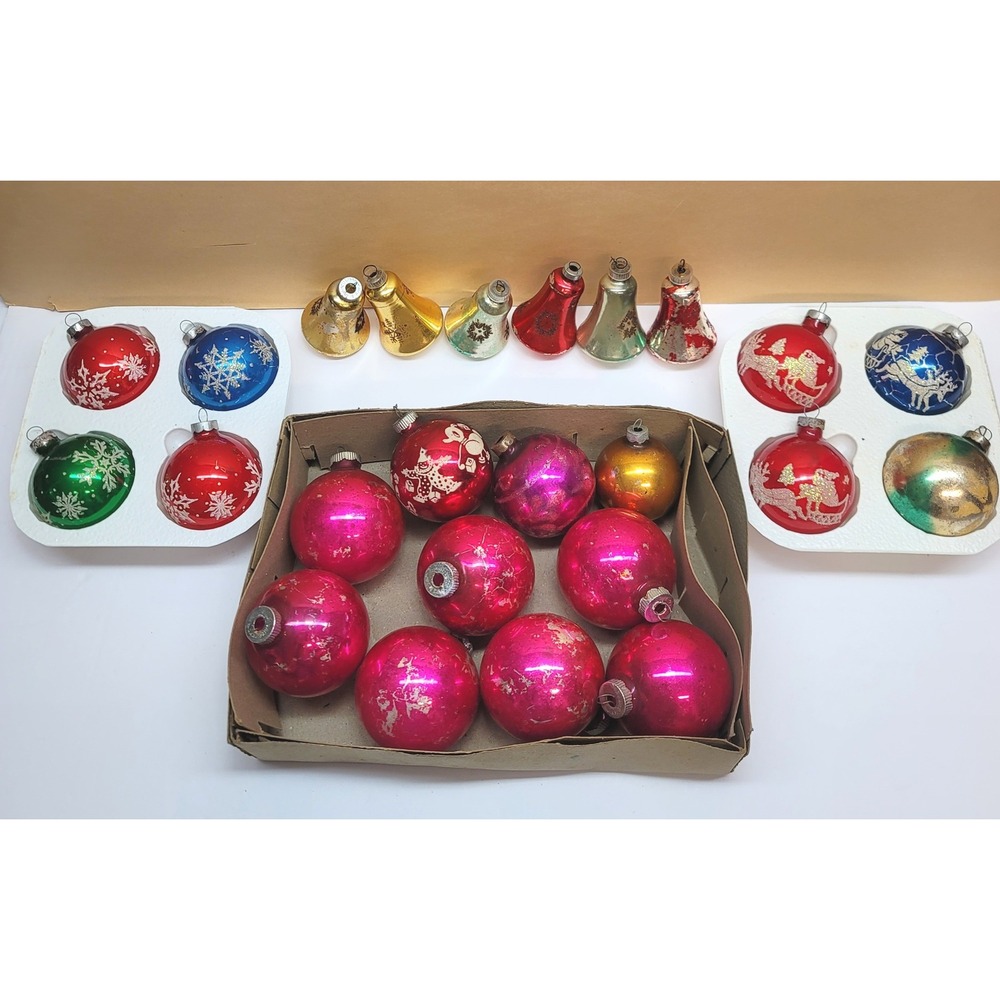 Vtg Mercury Glass Christmas Ornaments Lot 24pc Bells Rounds Austria Shiny Brite